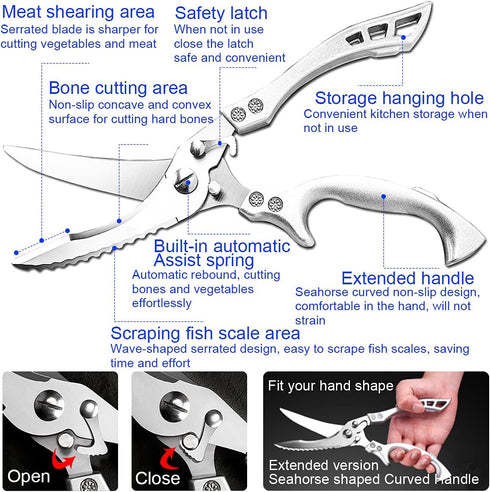 ANDONG Professional Heavy Duty Kitchen Scissors - Spring Loaded Ultra Sharp Stainless Steel Multipurpose Poultry & Cooking Shears for Bones, Meat,...