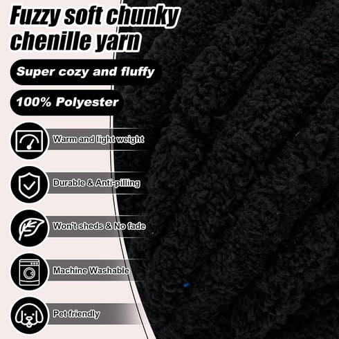 Black Chenille Chunky Yarn for Hand Knitting Fluffy Jumbo Chenille Yarn DIY for Crocheting Blanket Cushion 1 Skein (8.5 oz, 32 yds Each Skein)......