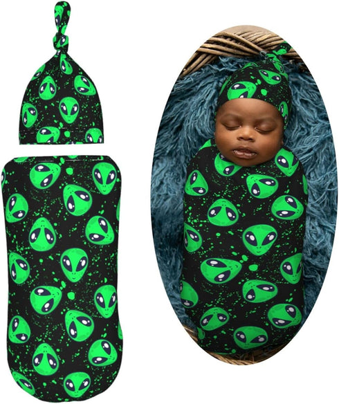 Green Alien Head Newborn Swaddle Blankets Hat Sets Soft Baby Receiving Blanket Swaddle Sack for Baby Shower Infant Boy Girl Gift...