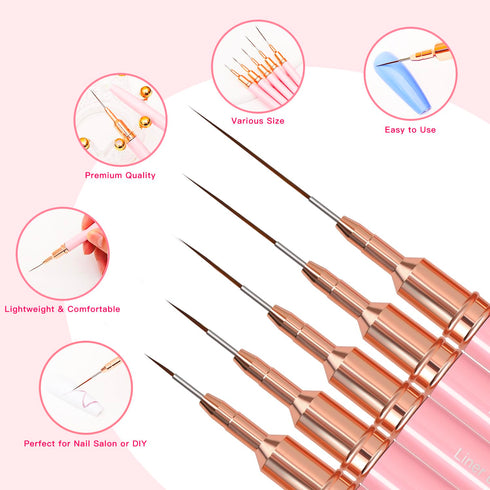 Nail Art Liner Brushes, 5Pcs Painting Nail Art Brush Set Nail Dotting Drawing Tool for Long Lines, Thin Details, Fine Drawing Sizes 4/8/12/20/25mm...