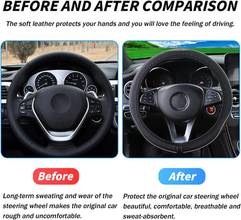 Car Steering Wheel Cover, Leather Auto Steering Wheel Protector, Anti-Slip Car Interior Protection Accessories for Men and Women, 15 inch Universa...