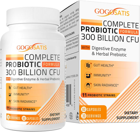 Probiotics for Women & Men, 300 Billion CFU 11 Strains, Probiotic with Organic Herbal & Digestive Enzymes, Shelf Stable Probiotic for Gut Digestiv...