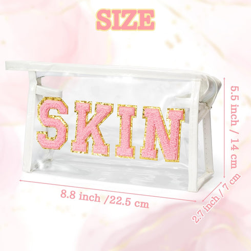 Preppy Patch SKIN Cosmetic Case Varsity Letter Toiletry Bag Summer Beach Pool Aesthetic Waterproof Clear PVC Multi-Function Zippered Pouch Women T...