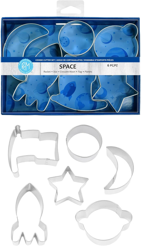 R&M International Space Cookie Cutters, Rocket, Star, Crescent Moon, Flag, Planet, Circle, 6-Piece Set, Silver...