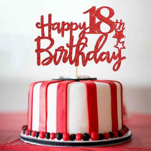 Red Glitter Happy 18th Birthday Cake Topper - Eighteen Cake Topper - 18th Birthday Party Supplies - Cheers to 18 Years Party Decorations...