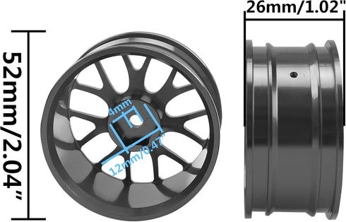 4Pack HIRCQOO Metal Wheel Rims 12mm Hex Hub Compatible with 1/10 On-Road Racing Touring Drift Car Tamiya TT-01 Kyosho RedCat Sakura D4 XIS HSP 1/1...