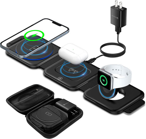 Wireless Charger 3 in 1 with Adapter and Travel Case,Fast Wireless Charging Station,Wireless Charging Pad Compatible with iPhone 14/13/12/11 Serie...