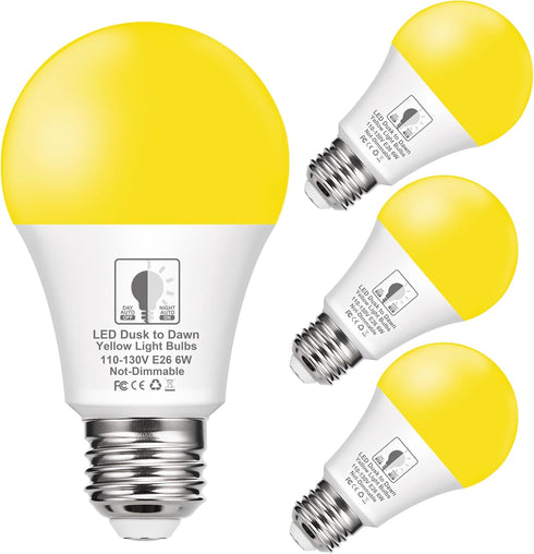 EvaStary Dusk to Dawn Yellow Bug Light Bulbs Outdoor, A19 LED Yellow Bulb for Porch Lights Outside, Auto On/Off 6W(40W Equivalent) 2000K Yellow Am...