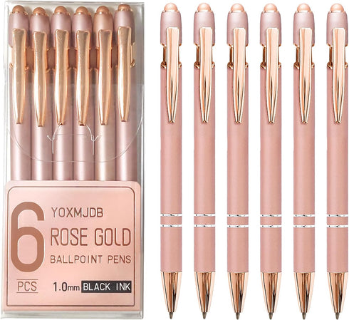 Ballpoint Pens, 6 Pack Rose Gold Metal Pens Black Ink Pens, 1.0mm Medium Point Stylus Pens for Touch Screens, Cute Pens Teacher Gifts Office Suppl...