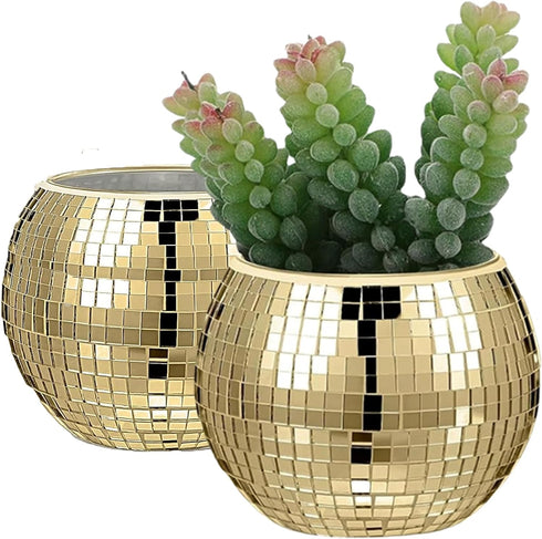 Disco Ball Planter Gold,Disco Ball Vase,Disco Ball Plant Pot,Disco Ball Flower Pot,Mosaic Glass Mirror Ball Planter,Disco Decor Candle Holder Vase...