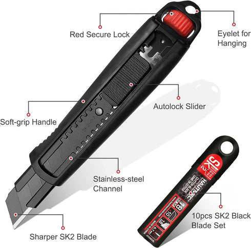 HAUTMEC 18mm Extra Heavy Duty Utility Knife with Double Lock Mechanism and 10pc Blade Set, Double Safety, SK2 Sharp Black Blade for Industrial or ...