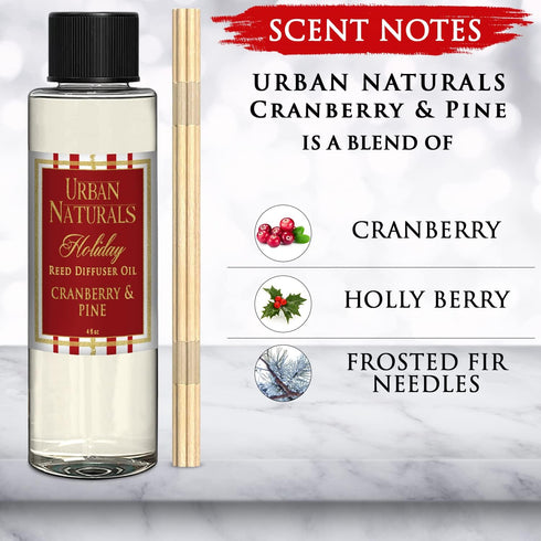Urban Naturals Holiday Cranberry & Pine Scented Oil Reed Diffuser Refill | Cranberry, Holly Berries and Frosted Fir Needles | Includes a Free Set ...