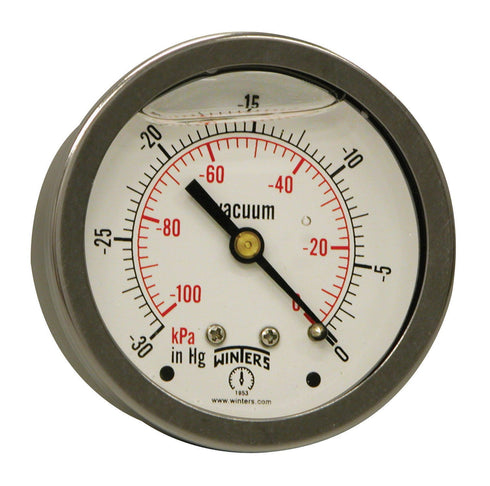 Winters 2-1/2" Dial Size, Liquid Filled Industrial Pressure Gauge, Brass Internals, 304 Stainless Steel Case, Dual Scale 30 inch Hg-0 Vac/kPa, 1.5...