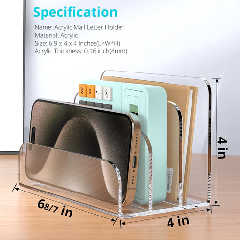 Mail Organizer Countertop, 3 Section Clear Acrylic Small File Holders Letter Organizer for Desk, Modern Filing Accessories for Document, Office, H...