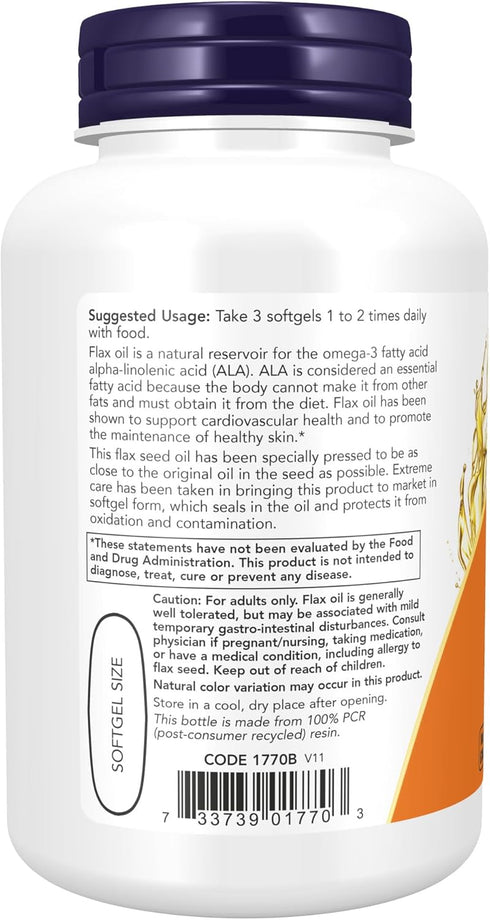 NOW Supplements, Flax Oil 1,000 mg made with Organic Flax Oil, Cardiovascular Support*, 100 Softgels...