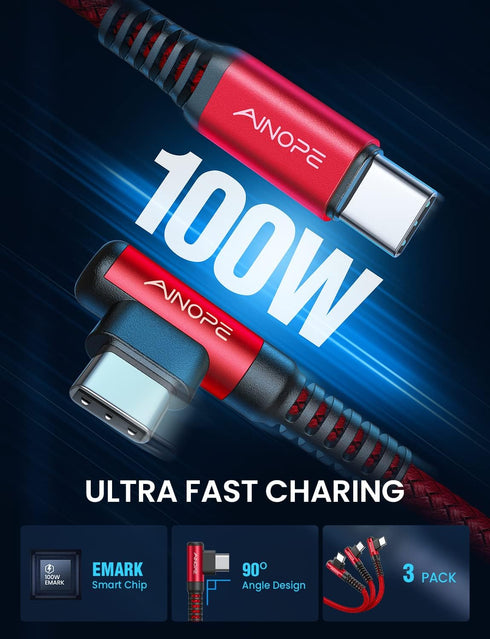 AINOPE 100W USB C to USB C Cable (6.6ft/6.6ft/10ft),Chubby Cable USB C,USBC to USBC Cable Fast Type C Charging Cable Fits for iPhone 15,MacBook Ai...