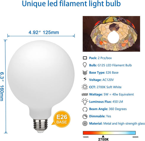 2 pack G40/G125 Globe LED Bulb, Warm White 2700K Dimmable LED Globe Bulb, 5W Equivalent 40W LED Globe Light Bulbs, CRI 90+, Milky Glass, LED Bulb ...