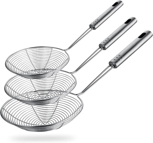 Spider Strainer Skimmer Spoon, HSpiow Set of 3 Sizes Frying Spoon Stainless Steel Fryer Scoop Wire Strainer Ladle with Long Handle for Kitchen Fry...