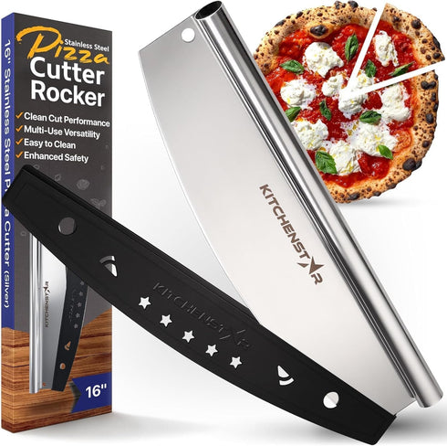 KitchenStar 16-Inch Pizza Cutter Rocker Blade - Sharp Stainless Steel Slicer Knife, Protective Cover, Dishwasher Safe, Large - Professional Pizza ...