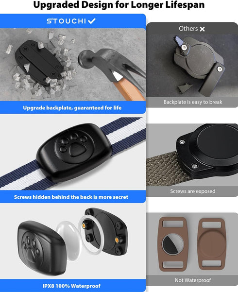 Upgraded Airtag Dog Collar Holder Mount, Stouchi IPX8 100% Waterproof AirTag Pet Harness Case Anti-Lost Premium PC Lightweight Fits All Widths Col...