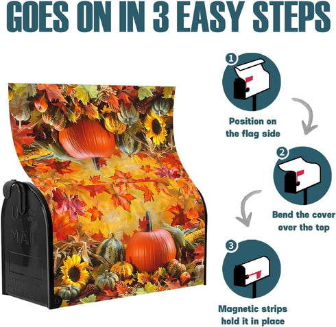 Autumn Fall Harvest Maple Leaves Pumpkin Mailbox Covers Waterproof Magnetic Durable Post Box Cover Wraps Standard Size 21x18 Inches for Outdoor Ga...