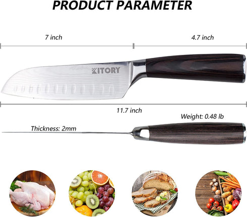 Kitory Santoku Knife 7'' Chef's Knife High Carbon Stainless Steel Asian Kitchen Knife with Sheath Ultra Sharp Cooking Knife, Ergonomic Pakkawood H...