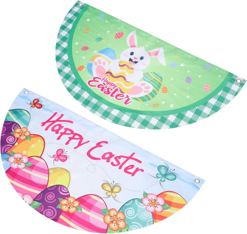 PRETYZOOM 2 Pcs Easter Fan Flags Half Fan Banner Decoration Happy Easter Cartoon Rabbit Eggs Semi-Circular Flags Decorations Bunting for Outdoor F...