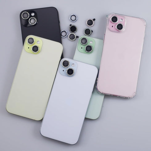 for iPhone 15/15 Plus Camera Lens Protector Bling Glitter Diamond Metal Crystal Tempered Glass Screen Accessories Rhinestones Lens Cover for iPhon...