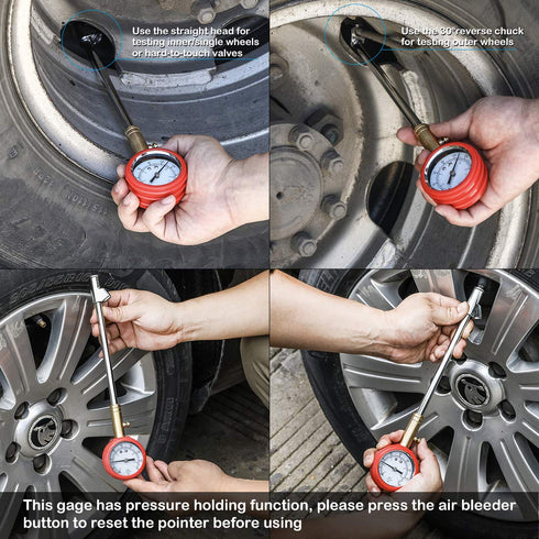 CZC AUTO Accurate Mechanical Tire Pressure Gauge, Straight on Foot Dual Head Truck Air Gage, Heavy Duty Dually Chucks 2" Large Dial Wheel Service ...