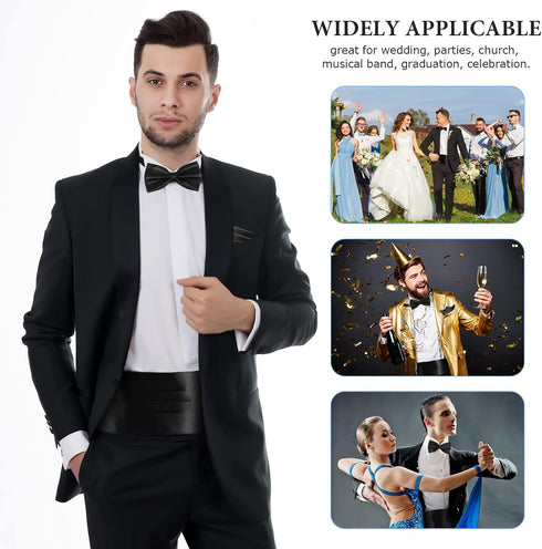 VICASKY 3pcs Mens Pocket Square Bow Tie and Cummerbund Set Mens Satin Bow Tie Cummerbund Hanky Handkerchief Black Mens Formal Satin Bowtie and Cum...
