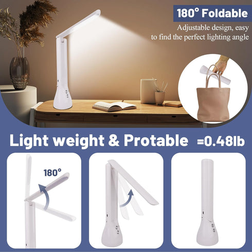 2-in-1 LED Desk Lamp Base with Flashlight for Home Office, Rechargeable, 3 Lighting Modes, Foldable & Portable Light, Cordless Table Bedside lamps...