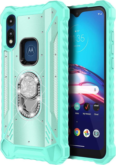 Moto E 2020 Case with Screen Protector (Tempered Glass Full Coverage), Aluminum Magnetic Metal Built-in Diamond Ring Holder Stand, Full-Body Prote...