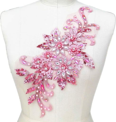 7.5x15 in 3D Colorful Flower Mesh Embroidered Rhinestone Lace Beaded Applique with Sequins DIY Lace Fabric Trim for Clothes Accessories Hardware (...