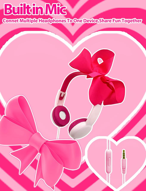 Priness bots Wired Kids Headphones with Mic for School/Travel,95dB Volume Limited,Shareport,On/Over Ear Bow Headsets with Nylon Cable (Pink)...