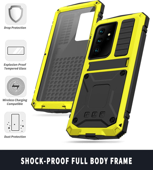 Galaxy S22 Ultra Rugged case,Metal Bumper Built-in Screen Protector&Stand,Waterproof, dustproof and Drop-Proof,Heavy Duty Rugged Military Cover (Y...