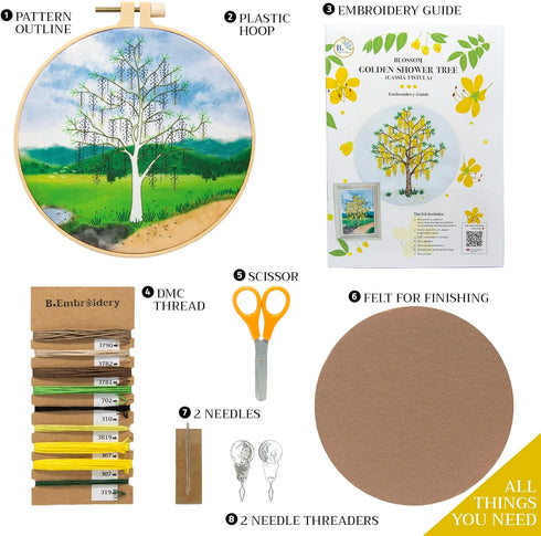 B.Embroidery Hand Sewing kit with Pattern and Full Instructions, Blossom Golden Shower Tree Embroidery Starter kit with a Colorful awhite Backgrou...