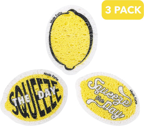 3Pack Lemon Dish Sponges | Squeeze The Day Fun Fruit Design | Cute Cellulose Compressed Kitchen Sponges |Natural & Biodegradable | Odor Resistant ...
