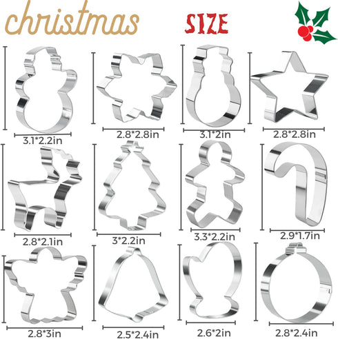 KAISHANE Christmas Cookie Cutter Set,12 Pieces Stainless Steel Biscuit Cutters Shape bells, angels, christmas lights, doe, star christmas tree, so...