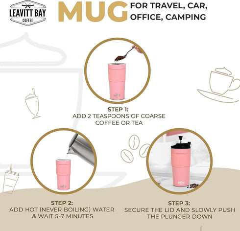 Portable French Press Travel Mug (15oz) - Stainless Steel & Double Wall Vacuum Pink Coffee Maker – Single Serve French Press for Travel, Home, Off...