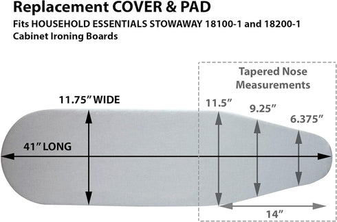Household Essentials 2017 Stowaway Ironing Board Replacement Pad and Cover | 41" x 11.5" | Silver Silicone, Pack of 1...