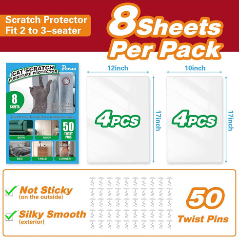 Cat Scratch Furniture Protector, Sofa Protectors from Cats, 8 Pack Cat Anti Scratch Furniture Protectors with 50 Twist Pins for Table, Clear Cat S...