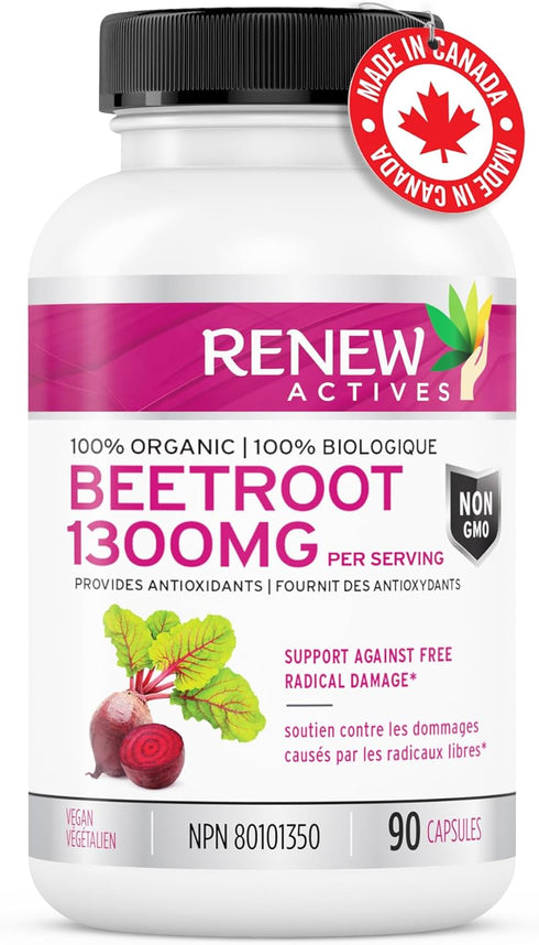 Renew Actives Organic Beetroot Supplement: 1300mg Extract for High Antioxidant Levels - Promotes Wellness - 90 Veggie Capsules...