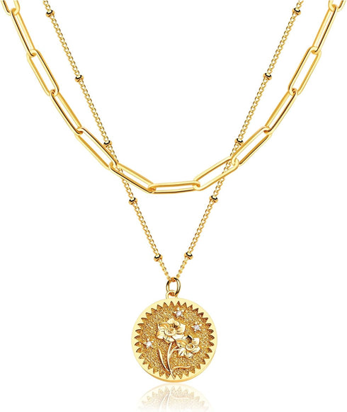 Layered Birth Flower Coin Necklace for Women 18K Gold Plated Double Layered Engraved Custom Floral Pendant Necklaces Dainty Birth Month Flower Dis...