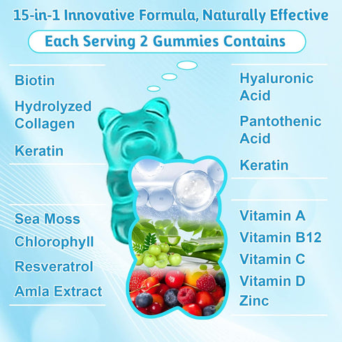 Hair Skin Nail Vitamins Gummies Supplement, 15000mcg Biotin Gummies with Collagen Sea Moss Chlorophyll Vitamin C Zinc for Women Men Muscle Joint &...