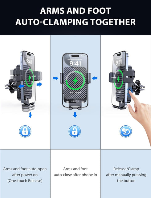 Wireless Car Charger, MOKPR 15W Fast Charging Auto-Clamping Car Charger Phone Mount Air Vent Cell Phone Holder Compatible iPhone 15/14/13/13 Pro/1...