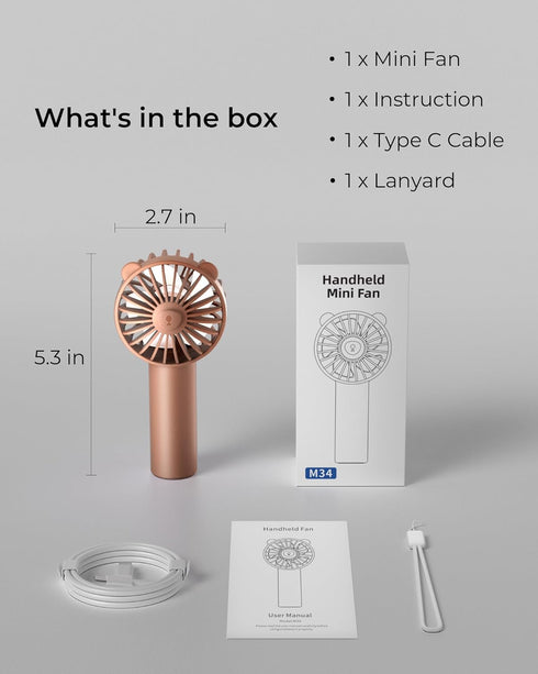 Mini Fan, Portable Fan with 3 Speeds for 2000mAh Battery USB-C Rechargeable, 3-Speed Quiet Operation, Stylish Handheld Fan for Outdoors & Travel...