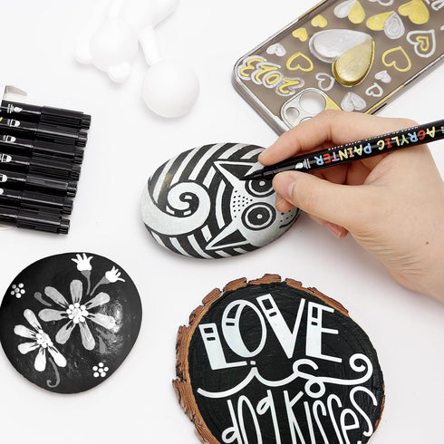 Black and White Paint Marker, 8 Pack Dual Tip Acrylic Paint Pens with Medium Tip and Brush Tip, Ideal for Wood, Rock Painting, Canvas, Stone, Glas...