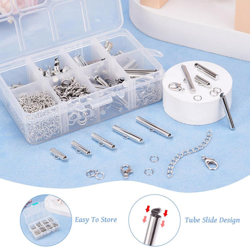 Beadthoven All 6 Size Slide On End Clasps with Extender Chains Jump Rings Lobster Clasps Cord Tube Crimp Ends Findings for Multi-Strand Necklace B...