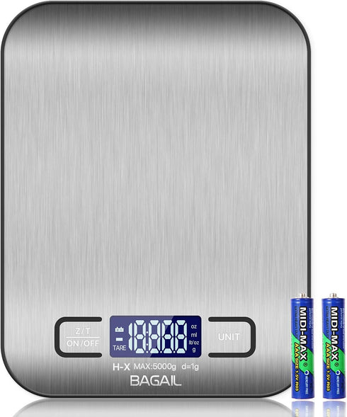 BAGAIL BASICS Digital Kitchen Scale, Premium Stainless Steel Food Scales Weight Grams and Oz for Baking and Cooking, 11lb/5kg with 0.1oz/1g Precis...