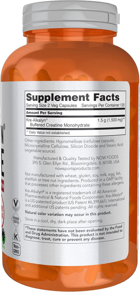 NOW Sports Nutrition, Kre-Alkalyn Creatine 750 mg, Mass Building*/Energy Production*, 240 Veg Capsules...